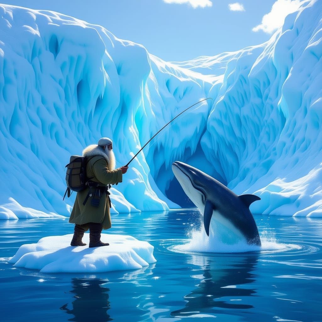 Old Man Fishes Whales From Iceberg