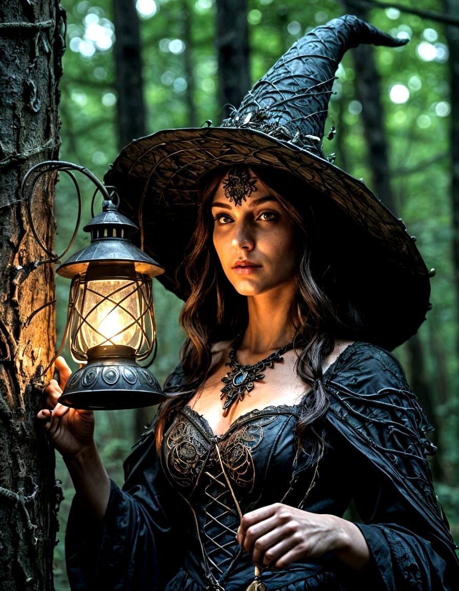 Nature Witch with Glowing Lantern in Dark Woods