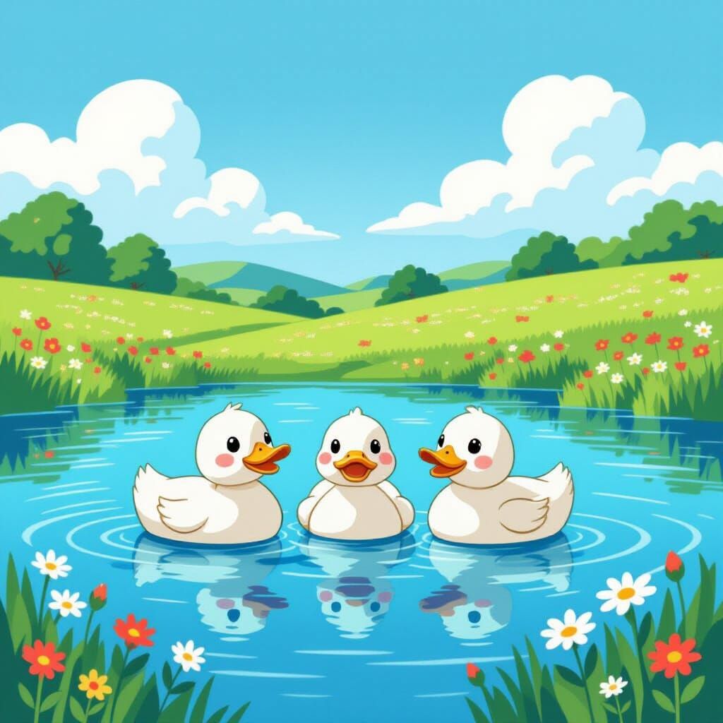 Cute Ducks on Pond in Cartoon Landscape