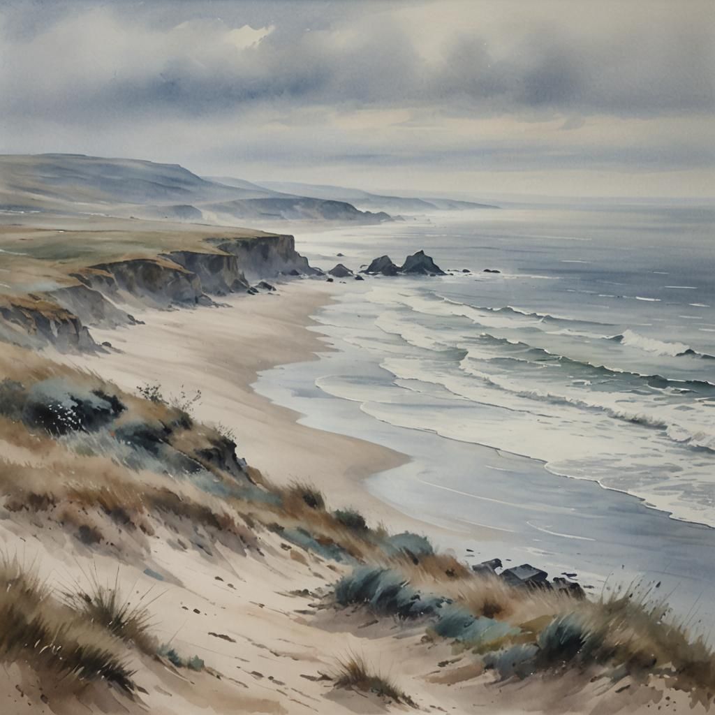 Impressionist North Sea Coastline in Monochromatic Blues