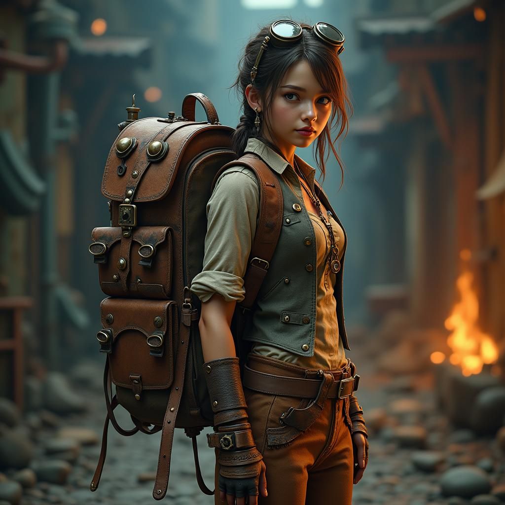 Steampunk Woman with Backpack in Hyperrealistic Detail