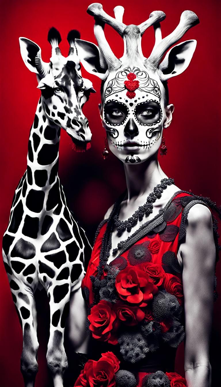 Sugar Skull Woman with Giraffe in Surrealist Style
