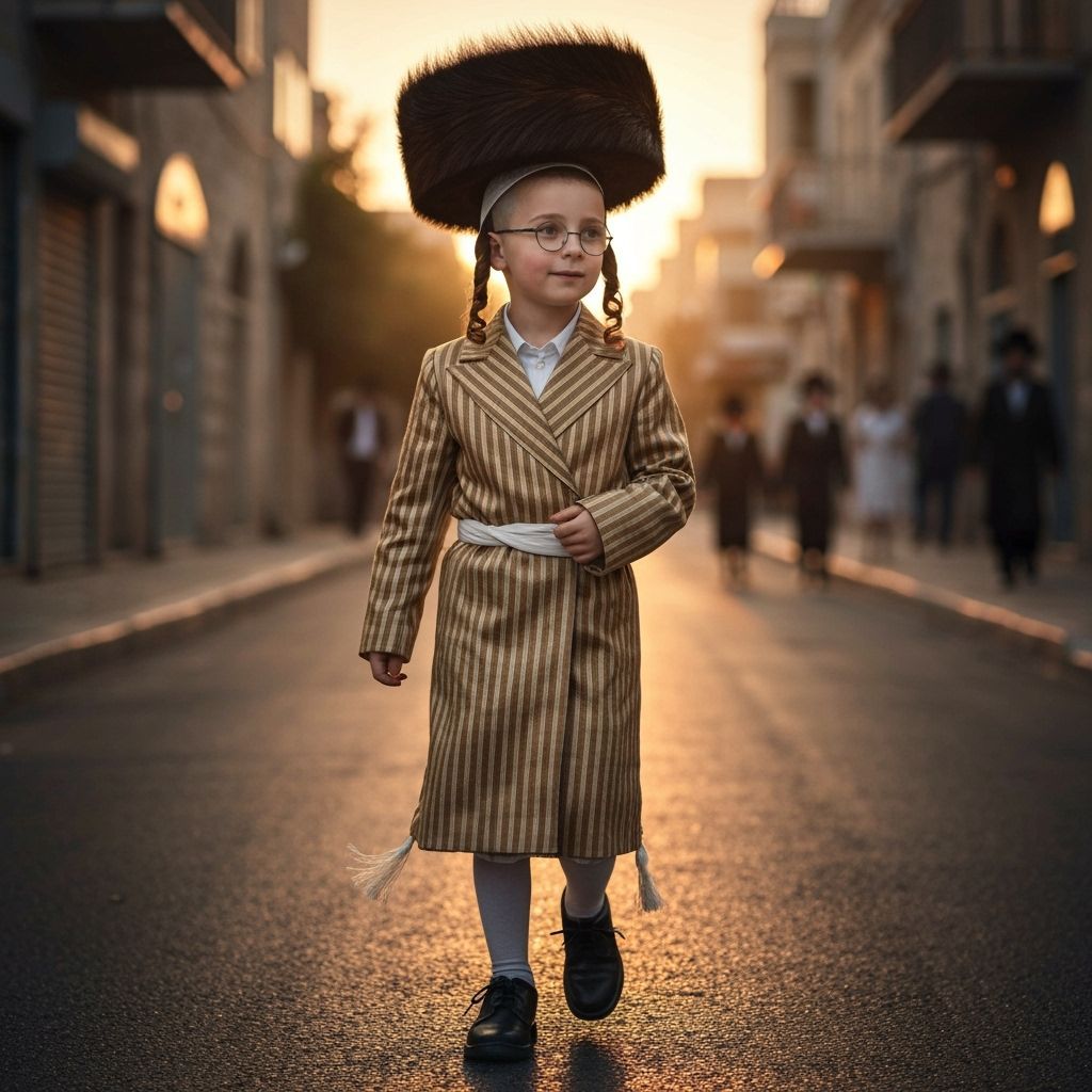 Hasidic Boy Walks to Sukkah at Sunset in Jerusalem