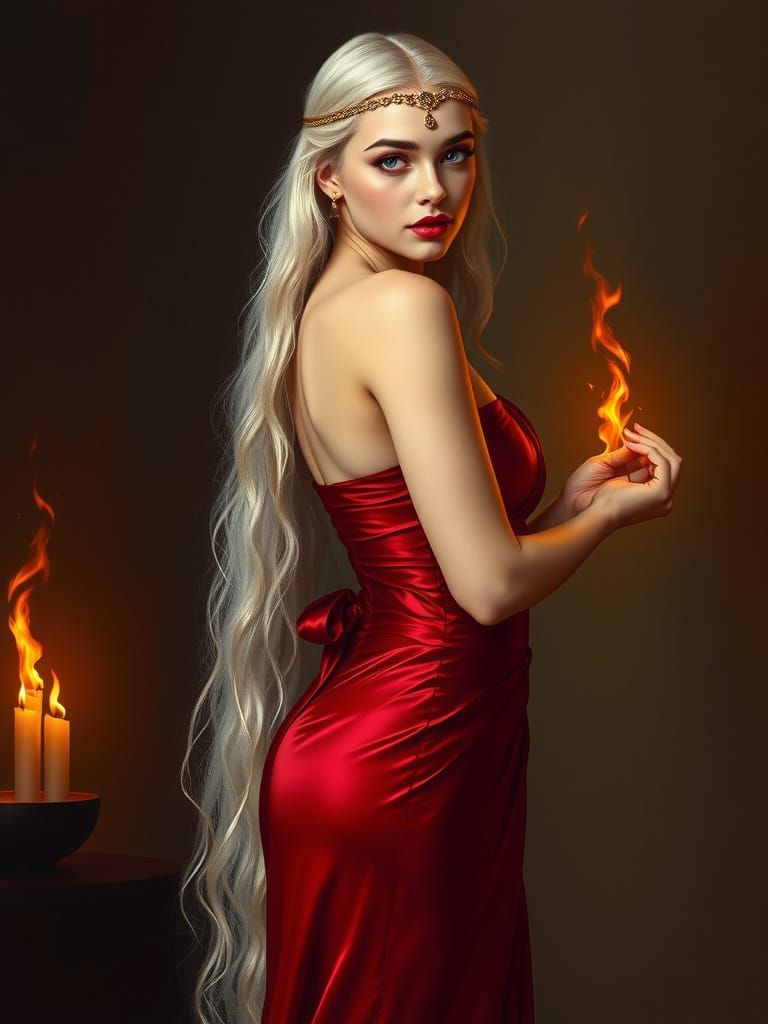 Ethereal Princess Maelyra Targaryen in Crimson Silk Attire