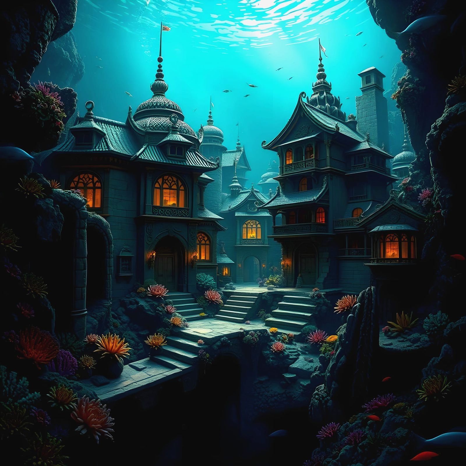 Mysterious Underwater City in Coral Reef Ruins