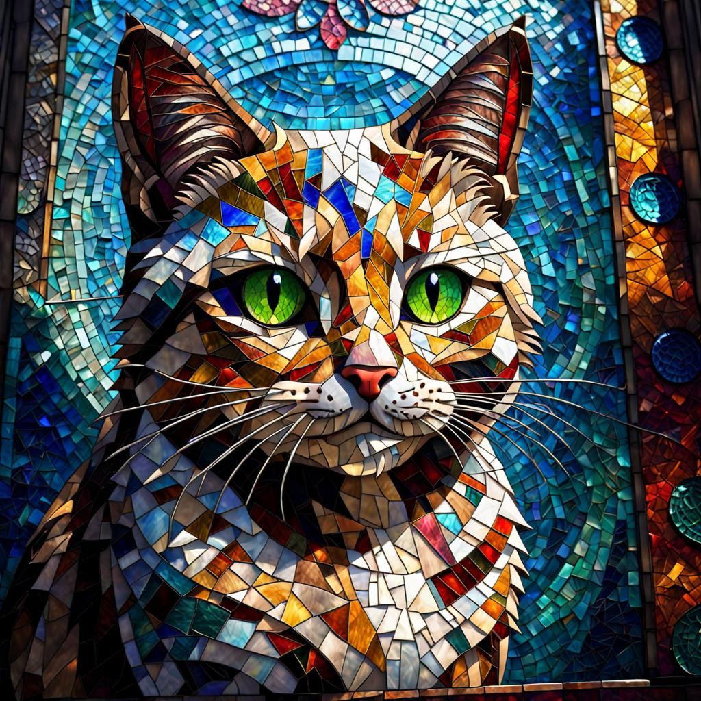 Mosaic Cat in Stained Glass Style