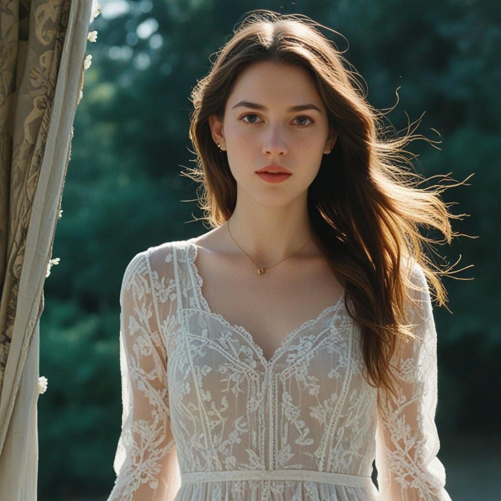 Ethereal Woman in White Gown Captured in Serene Beauty