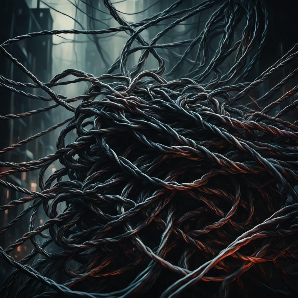 Dark Surrealism: Twisted Cables in Oil Painting Style