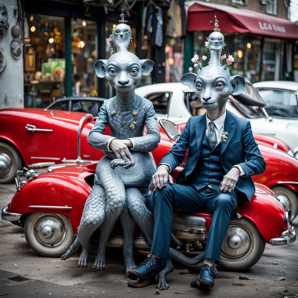 Surreal Alien Restaurant Celebration in Gritty Style