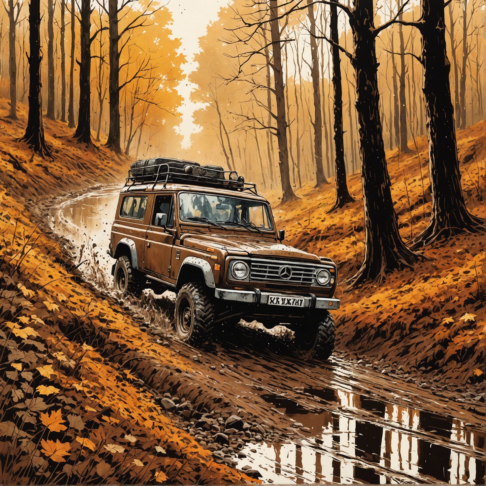 Brown 4x4 Splashing Mud: Comic Book Illustration