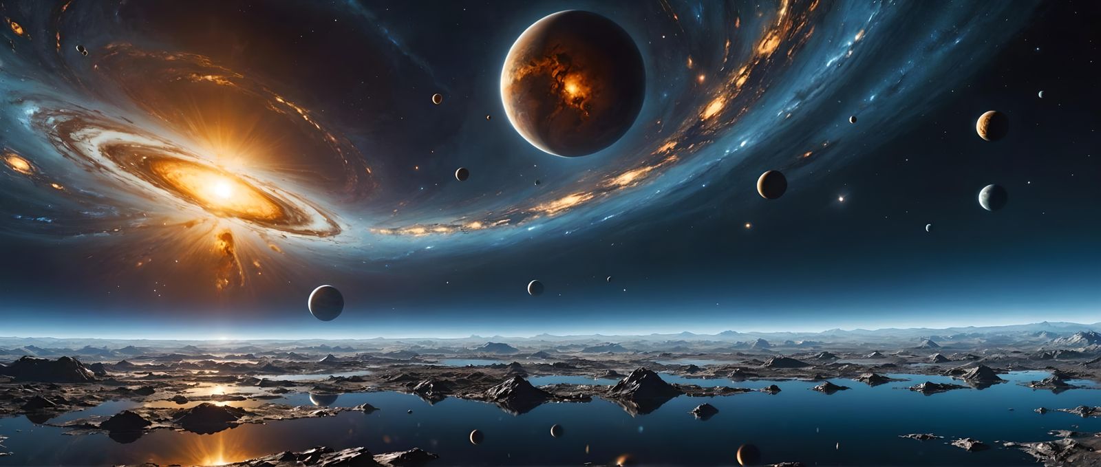 Chrome Sea Reflecting Cosmic Space in Surreal Style