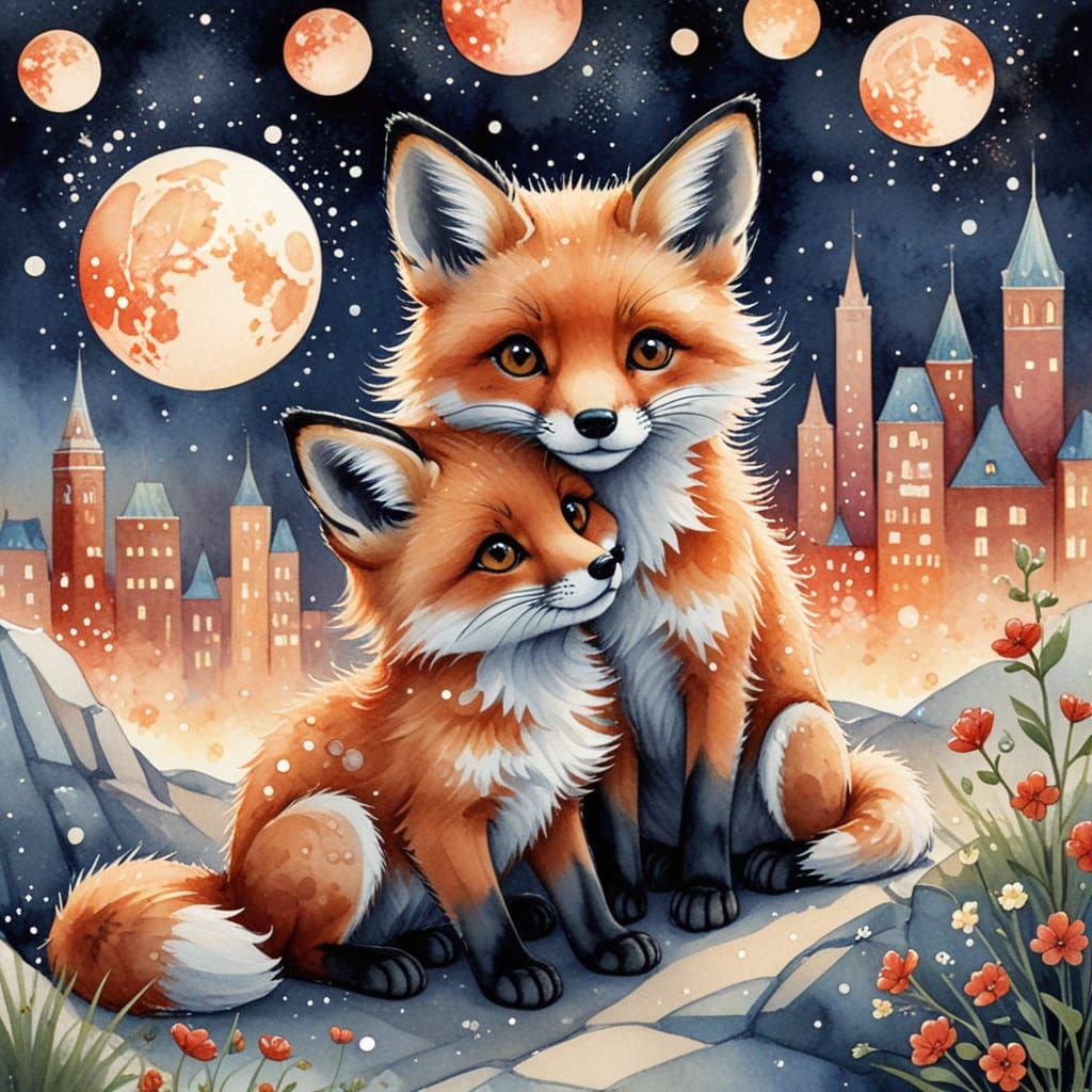Fox Kits in Watercolor, Cubist Cityscape Dream