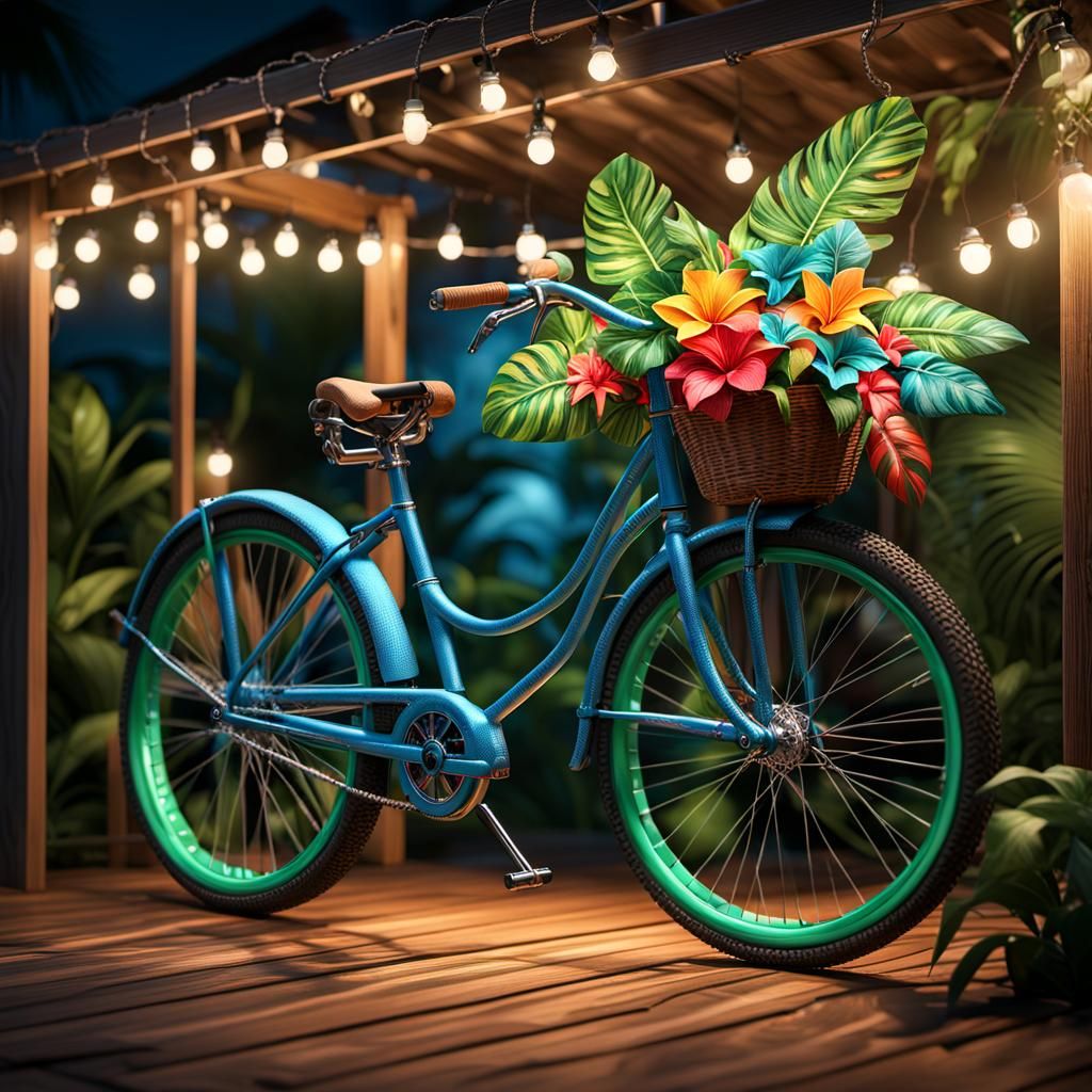 Tropical Bicycle on Porch at Night: 3D Render