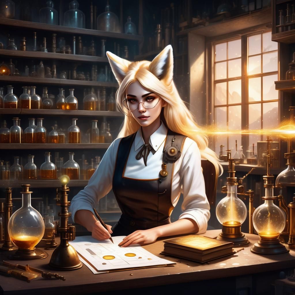 A beautiful kumiho girl as a scientist studying alchemy in her antique laboratory