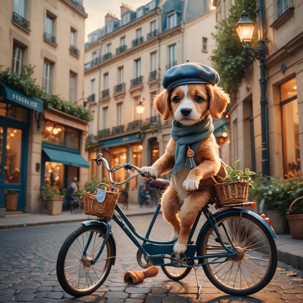 Pixar Puppy Rides Bicycle on Paris Street