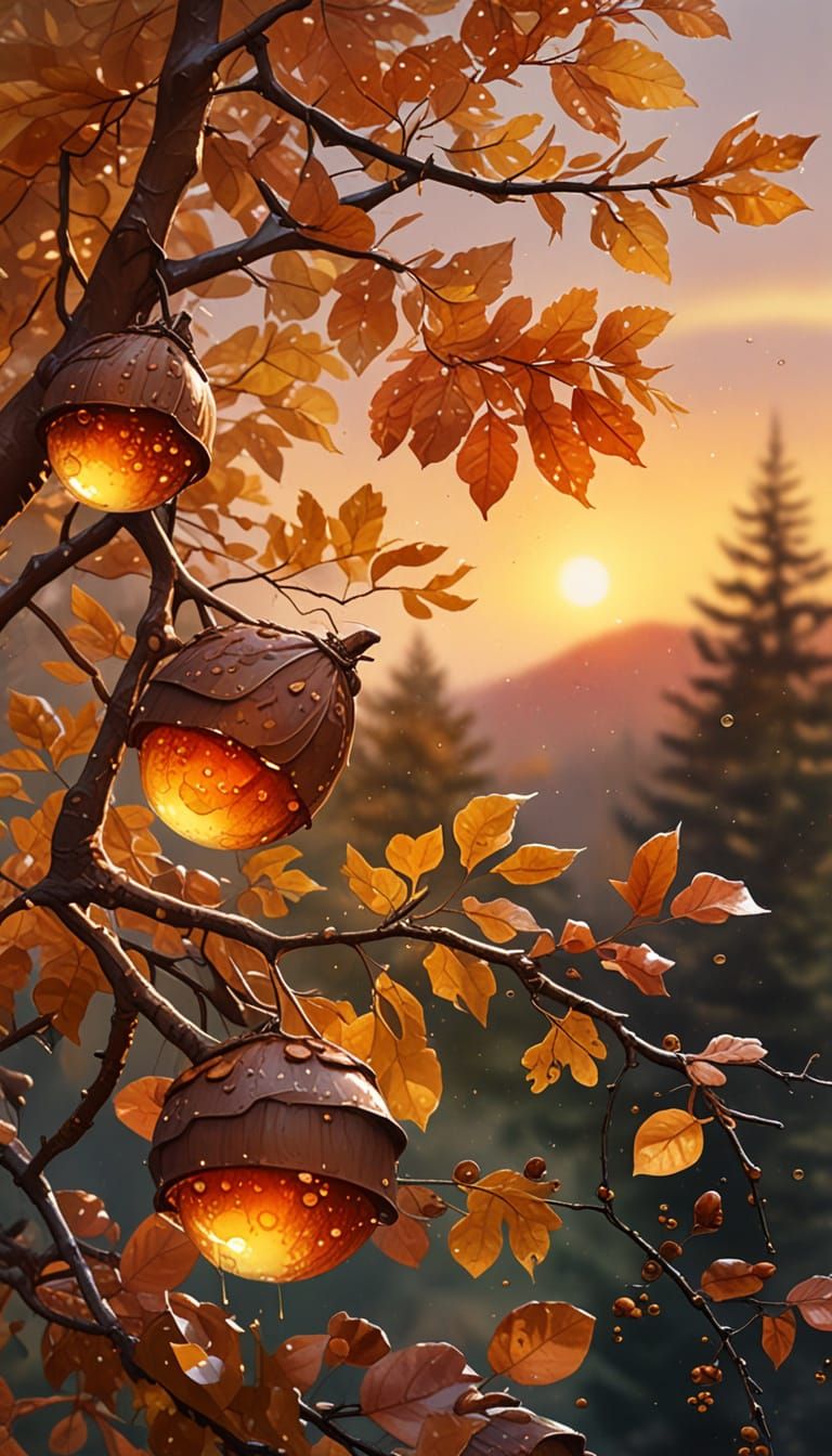 Autumn Branch with Amber Acorns in Watercolor Style