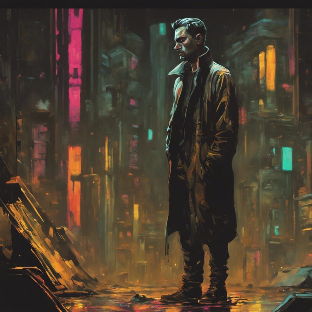 Solitary Figure in Crowded Cyberpunk Cityscape