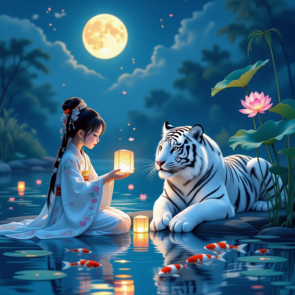Girl with Tiger Releases Lanterns: Dreamlike Illustration