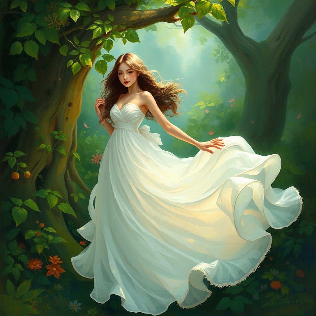 Mystical Woman in Lush Greenery: Whimsical Art
