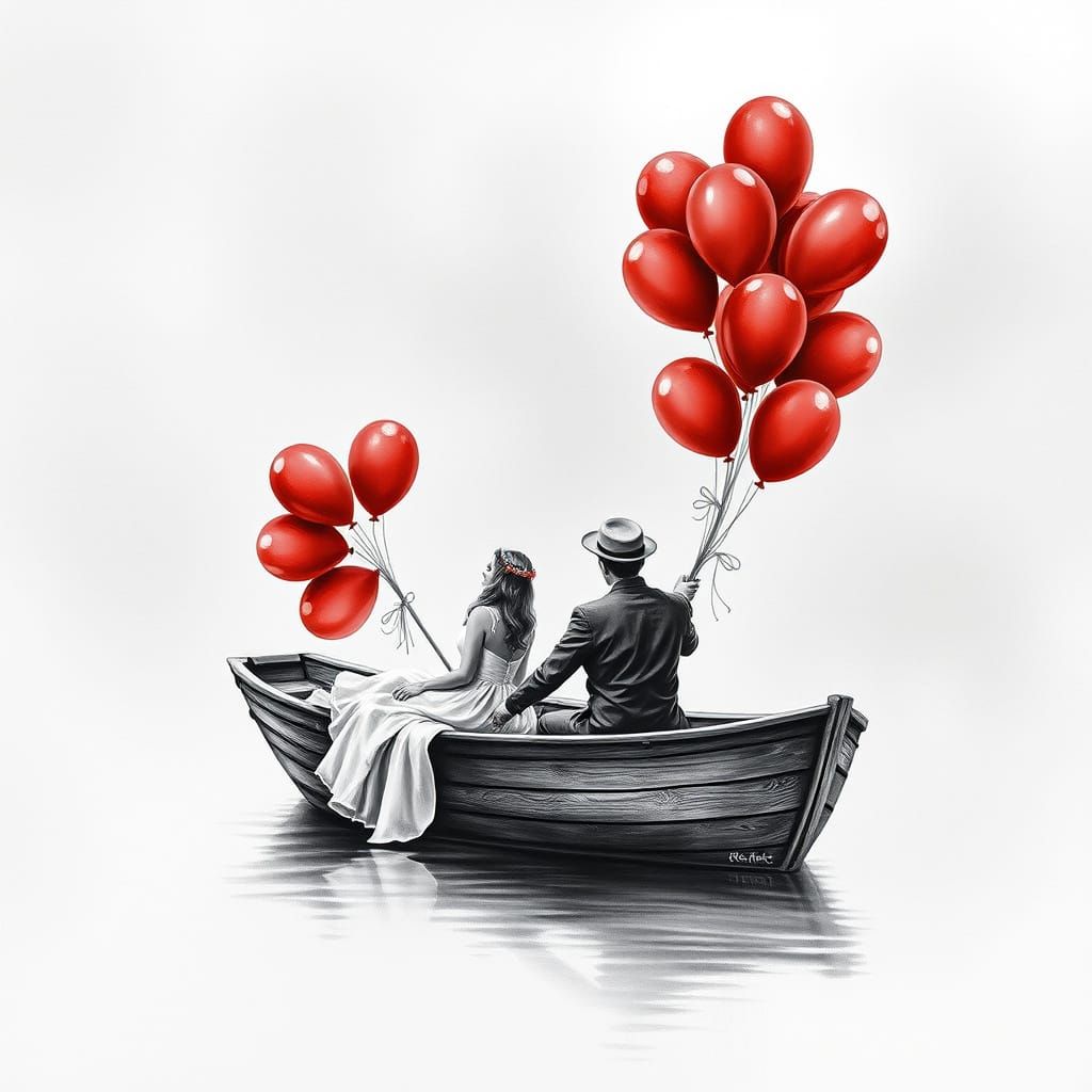 Romantic Couple in Boat with Balloons, Charcoal Drawing