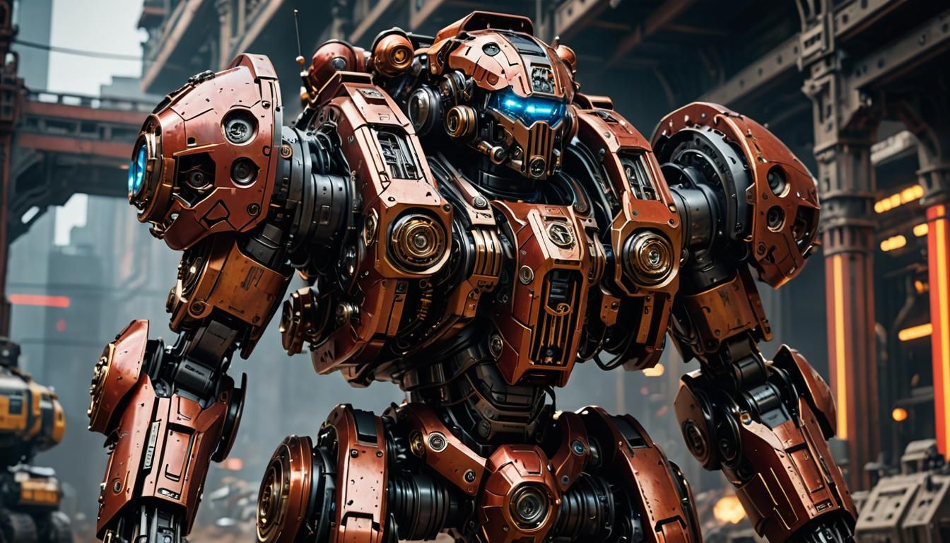 Futuristic Mechanoid in Topaz Armor on Battlefield