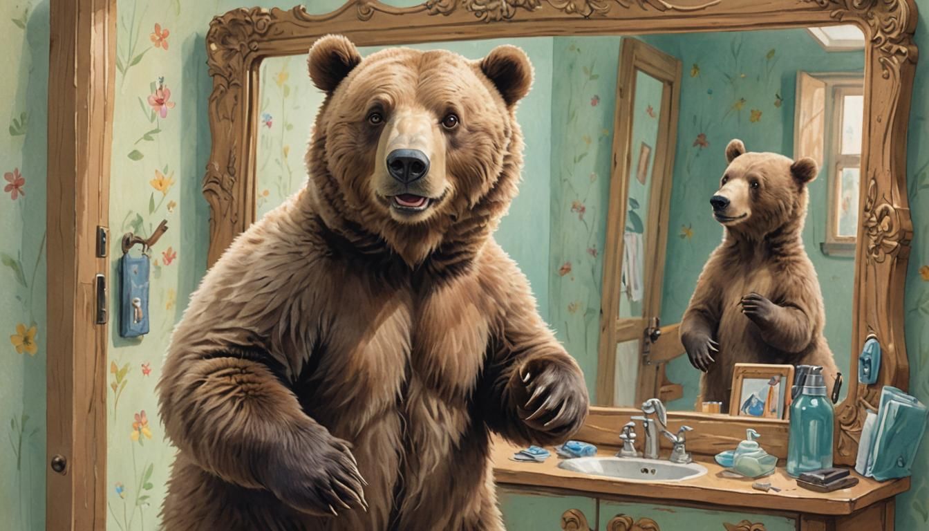 Bald Bear's Surprised Reflection in Whimsical Illustration