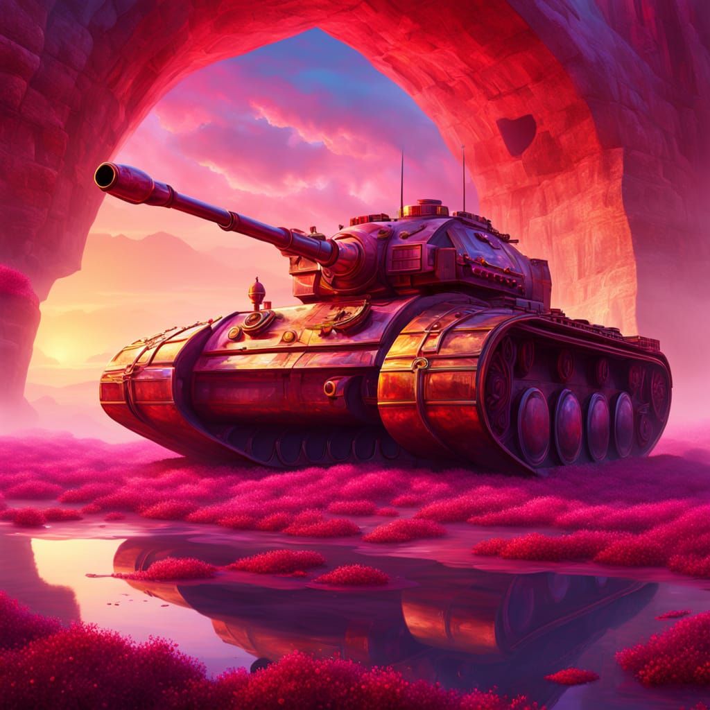Surreal Ruby Tank in Dreamlike Landscape