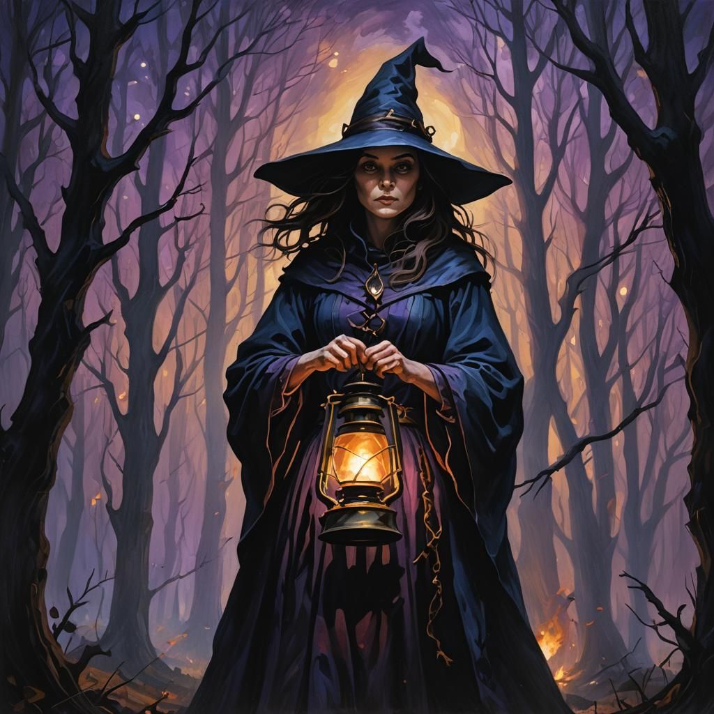 Mystical Witch in Dark Forest Oil Painting