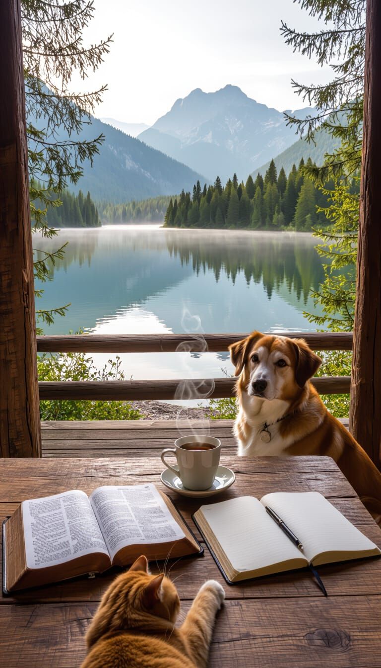 Peaceful Cabin Morning Scene with Dog and Cat