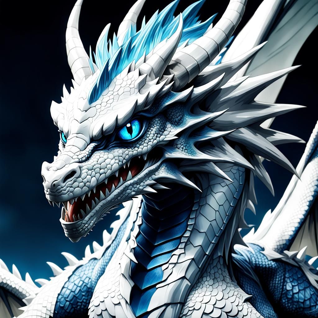 Hyper-Realistic White Dragon with Blue Eyes, Cel-Shaded Anim...
