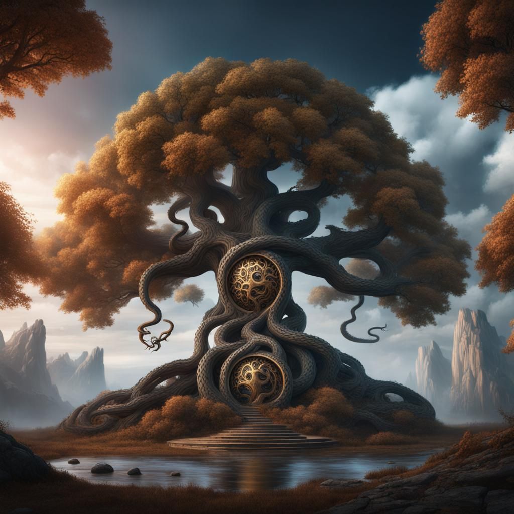 Yggdrasil and World Serpent Fantasy Concept Art