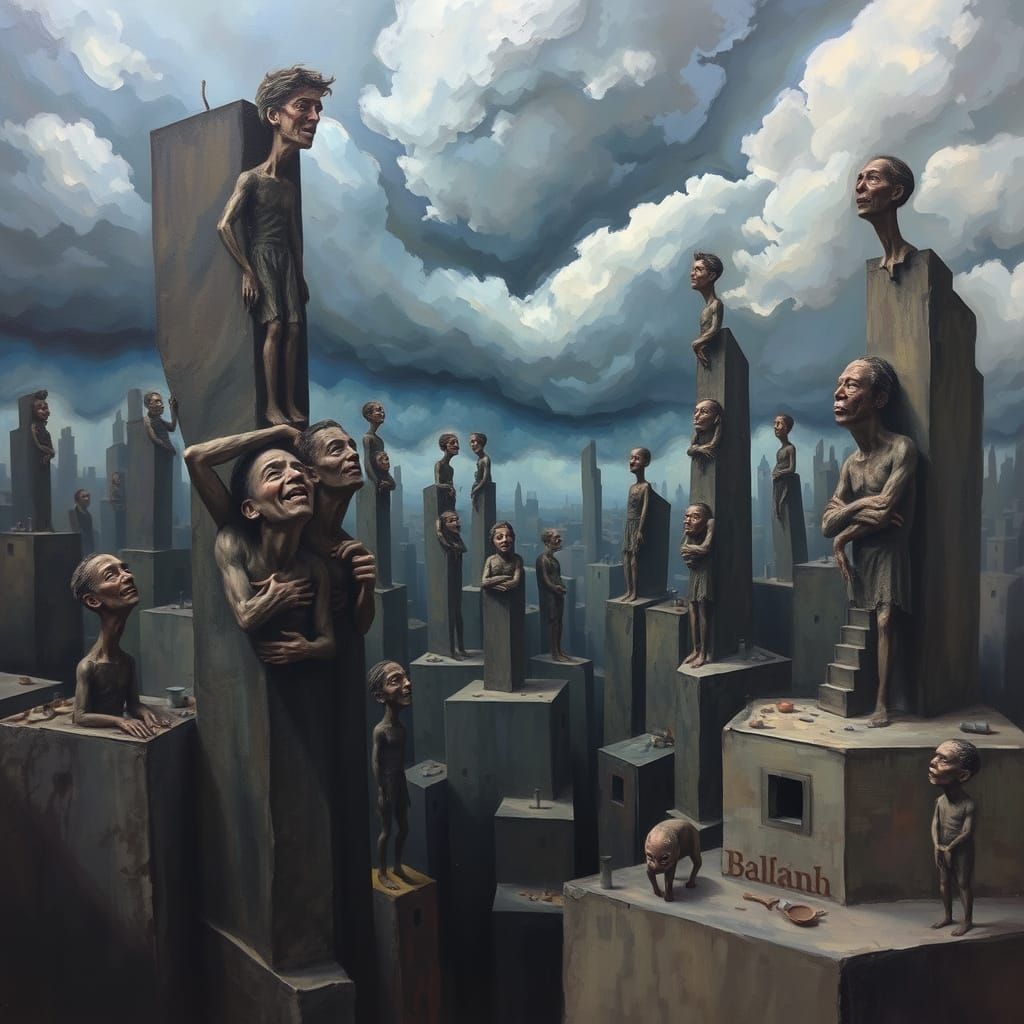 Surreal Cityscape of Human Figures in Expressionist Style