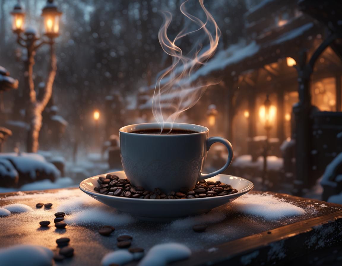 Dark Fantasy Coffee in Winter: Detailed 8K Art