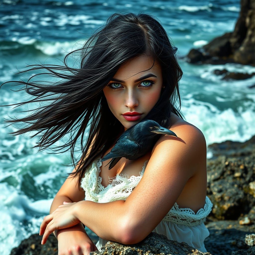 Mysterious Irish Sorceress on Stormy Sea Rocks