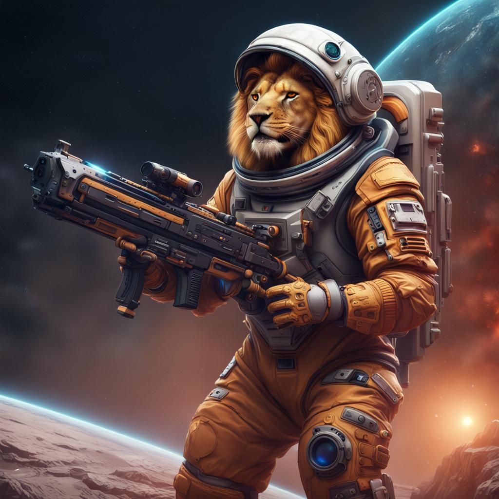 Lion in Spacesuit with Blaster: Fantasy Concept Art