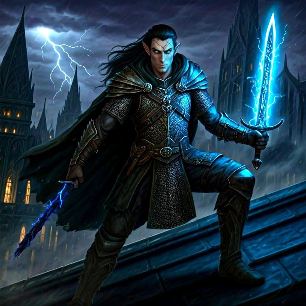 Half-Elf Rogue with Lightning Sword on Rooftop