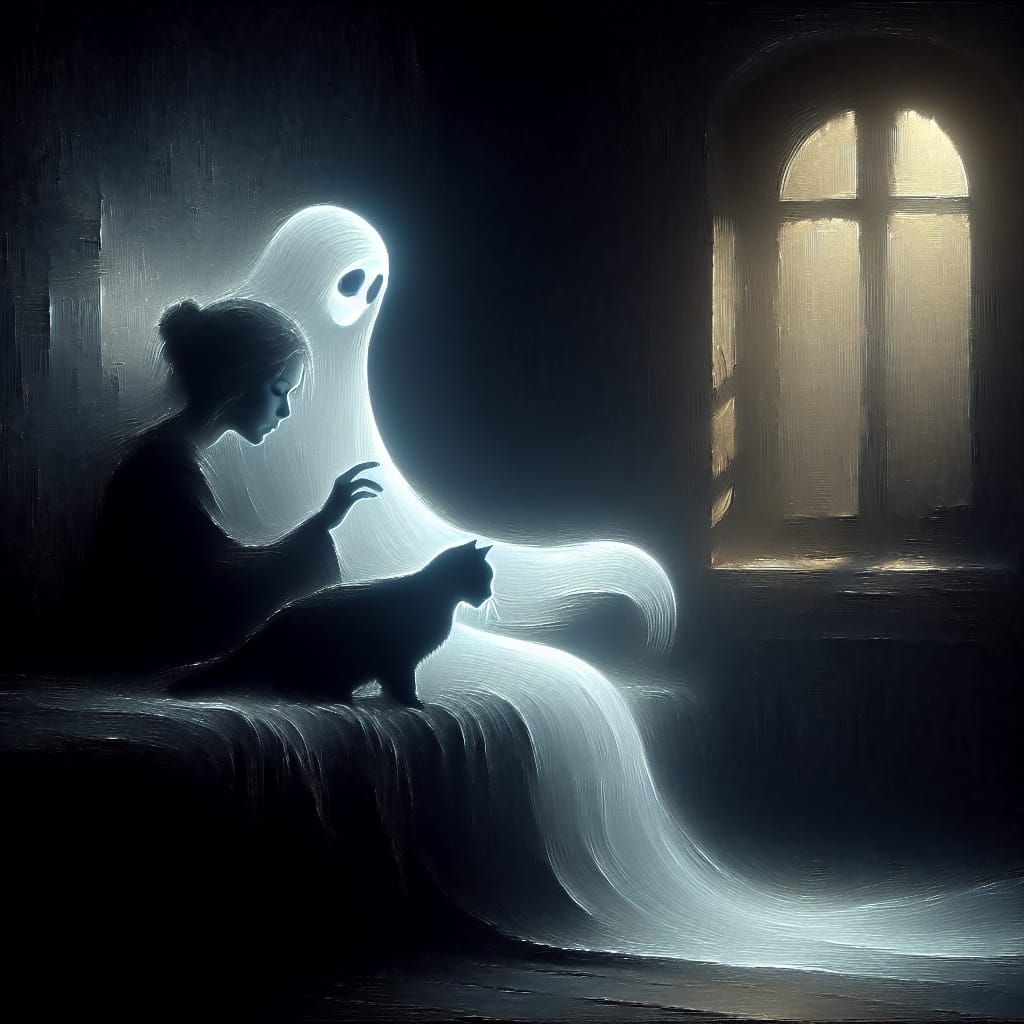 Ethereal Spirit and Feline in Dark Room