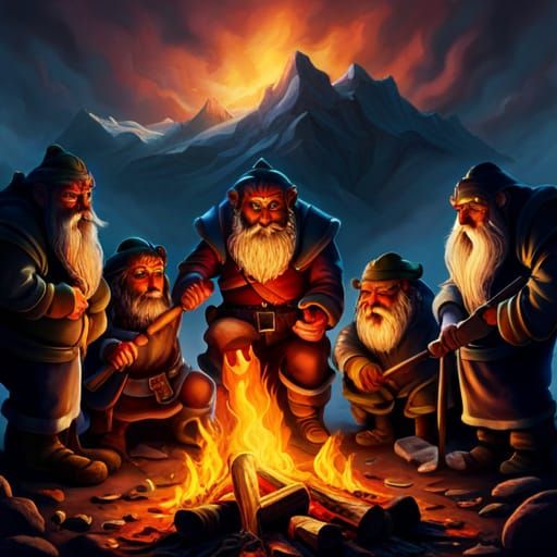 Dwarves at Campfire with Fiery Face in Fractal Art