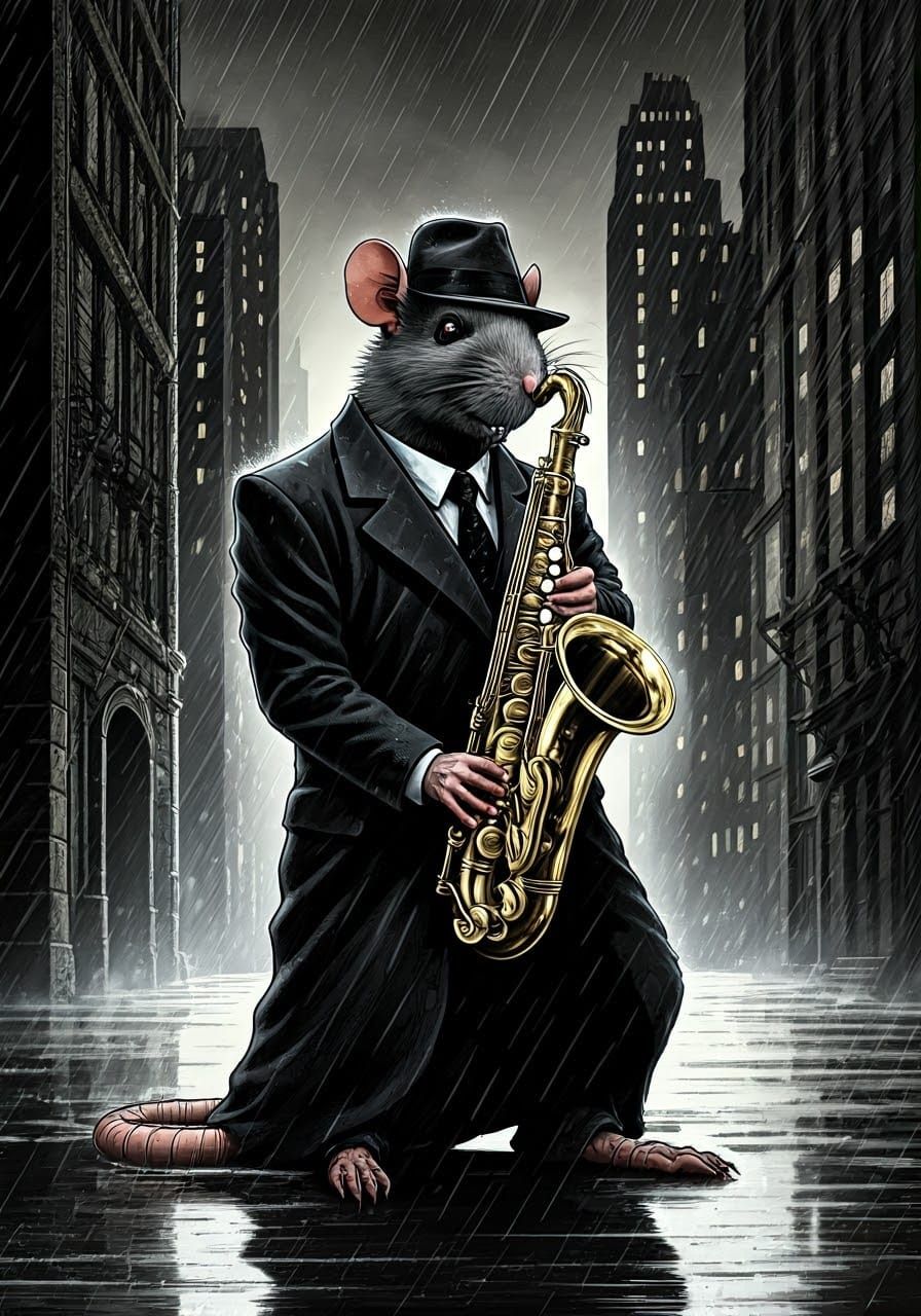 Rat Saxophonist in Noir Comic Book Style