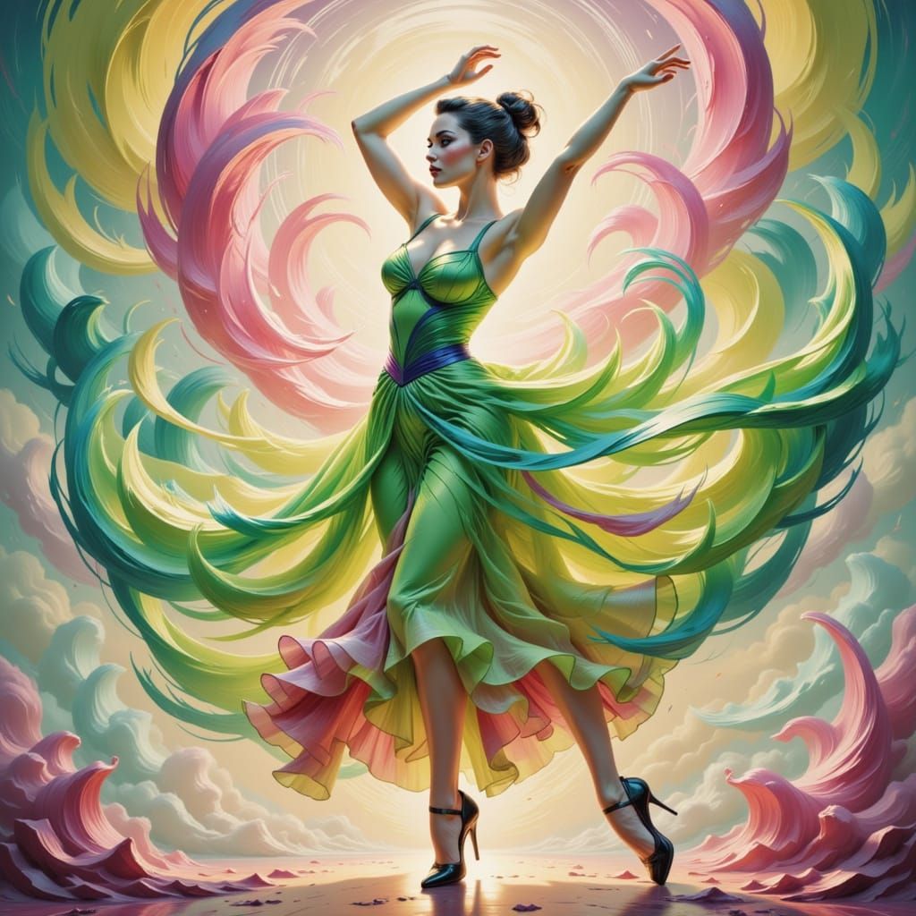 Pink and Green Dancer in Art Nouveau Style
