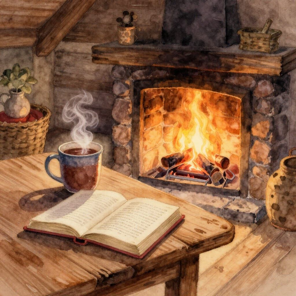 Cozy Cabin Interior Watercolor Painting with Hot Chocolate