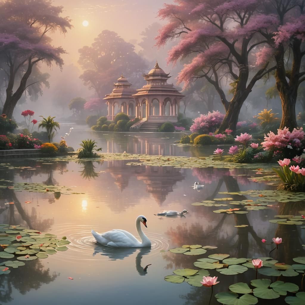 Lotus Lake Swan in Ethereal Fantasy Style
