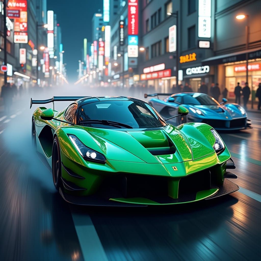 High-Speed Tokyo Car Chase in Matte Painting Style