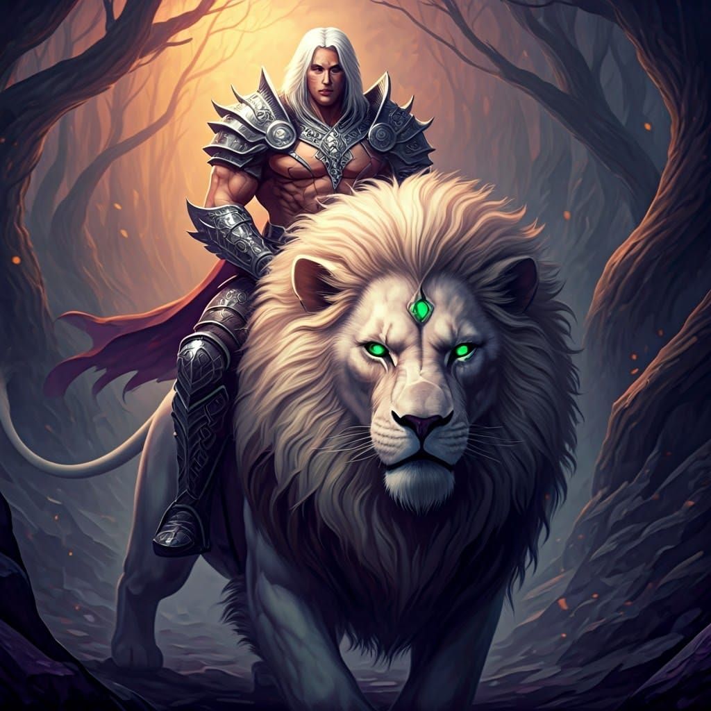 Warrior on White Lion in Dark Fantasy Landscape