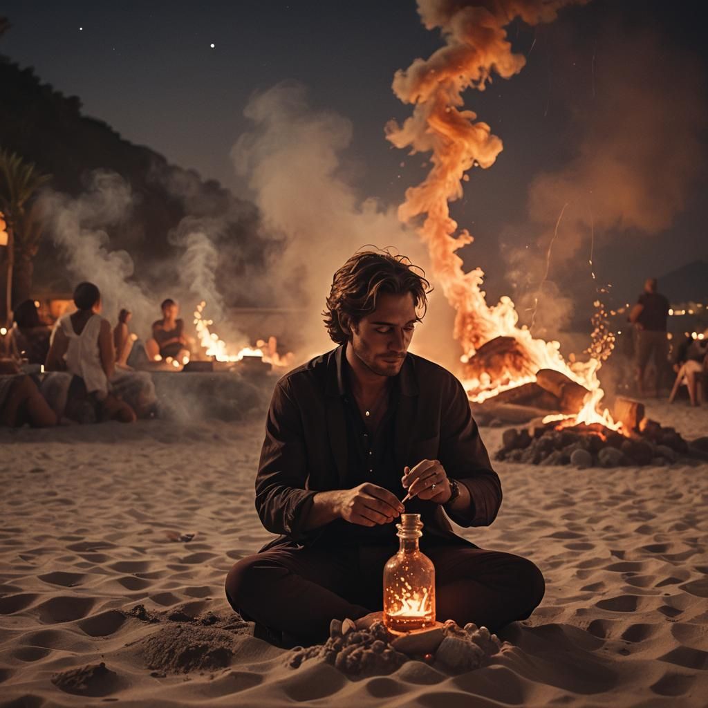 Person on Beach Surrounded by Firelight