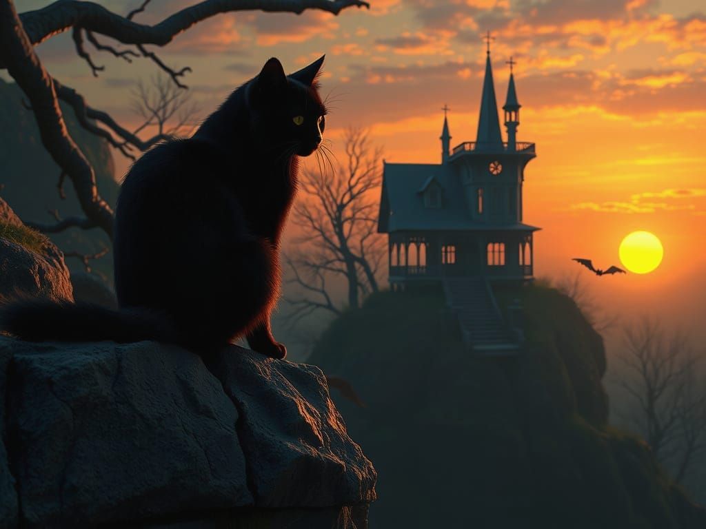 Ethereal Sunset Scene: Black Cat Watches Haunted Mansion