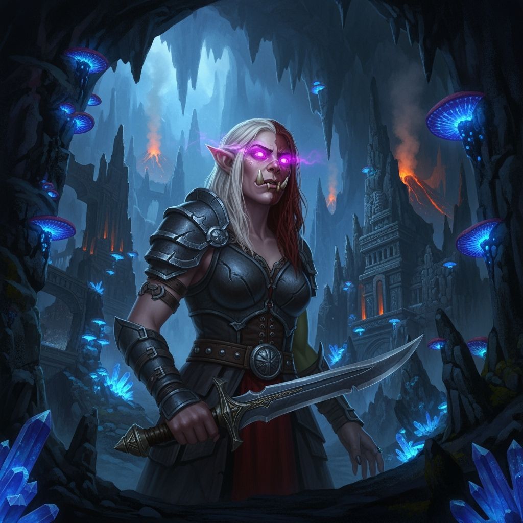 Lost Half-Orc Giant in Bioluminescent Cavern