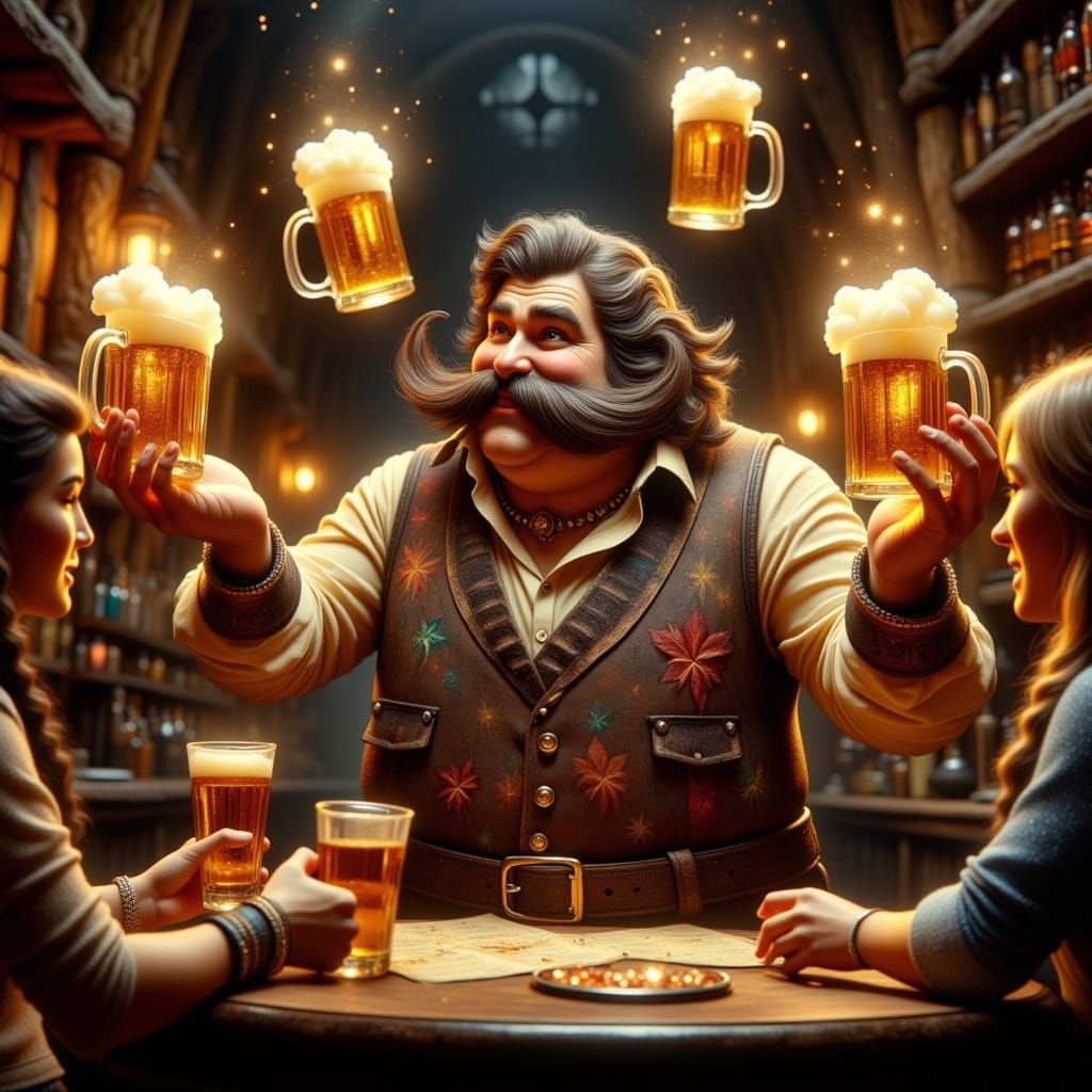 Jolly Bartender Casts Spell Over Levitating Beer Mugs