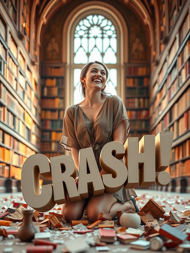 Library Scene with 'Crash!' Onomatopoeia in Avant-Garde Styl...
