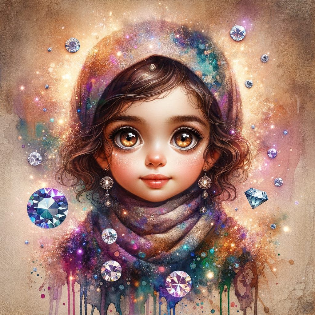 Whimsical Girl With Diamond Aura and Vibrant Watercolor Back...